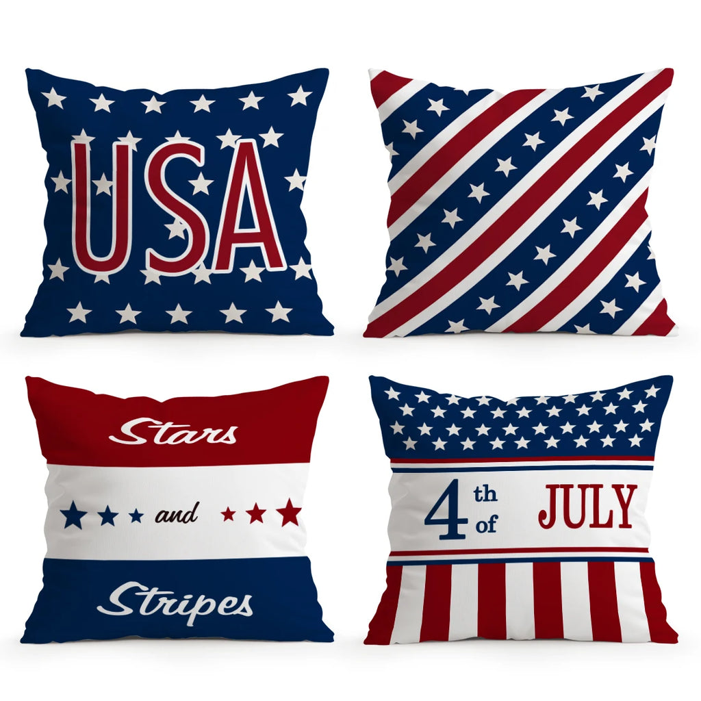 4pcsIndependence Day Patriotic Striped Cushions Pillowcase Polyester Cushion Cover Throw Pillow Pillowcover Home Car Sofa Decor