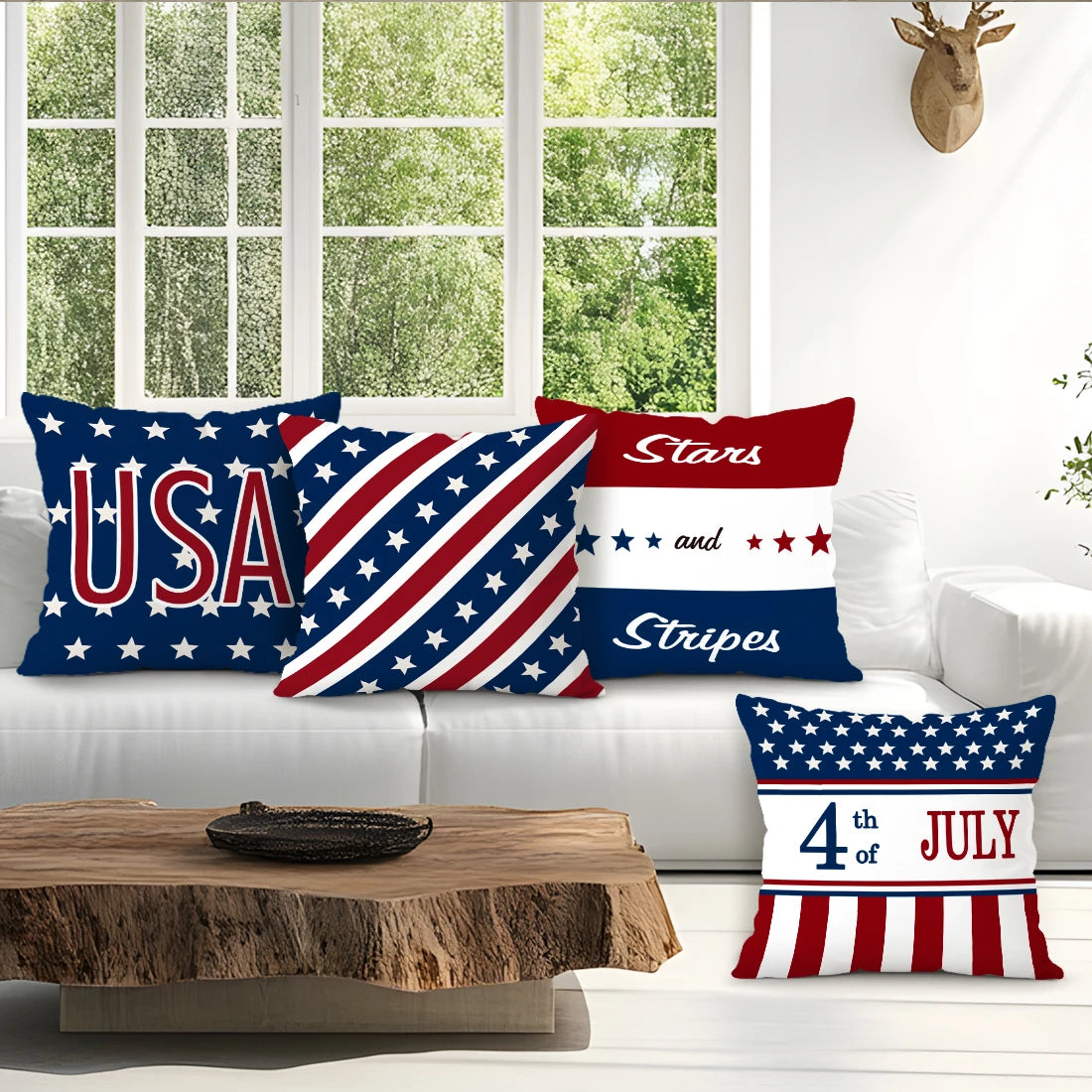4pcsIndependence Day Patriotic Striped Cushions Pillowcase Polyester Cushion Cover Throw Pillow Pillowcover Home Car Sofa Decor