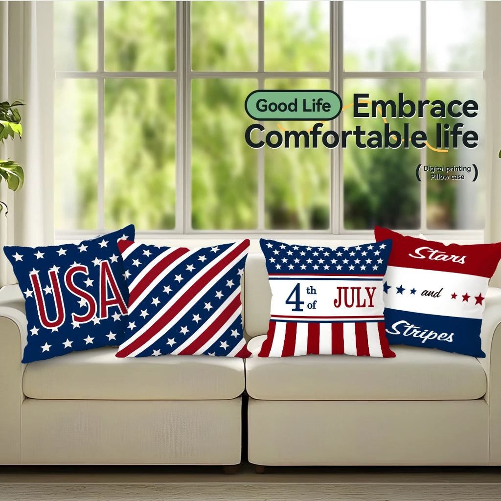 4pcsIndependence Day Patriotic Striped Cushions Pillowcase Polyester Cushion Cover Throw Pillow Pillowcover Home Car Sofa Decor