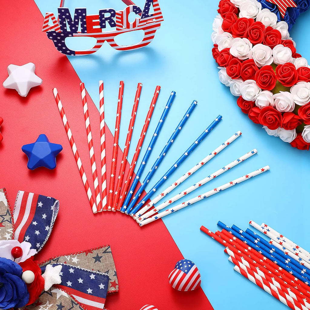 American Flag Paper Straws Red Blue White Star Drink Straws For USA Theme Party Supplies 4th Of July Independence Day Decoration