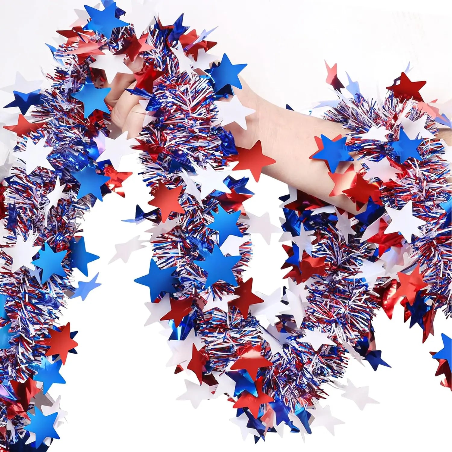 4th of July Garland Decorations Glitter Tinsel Patriotic Decor for Tree Car Golf Cart Parade Float Bike Party Table Yard Boat